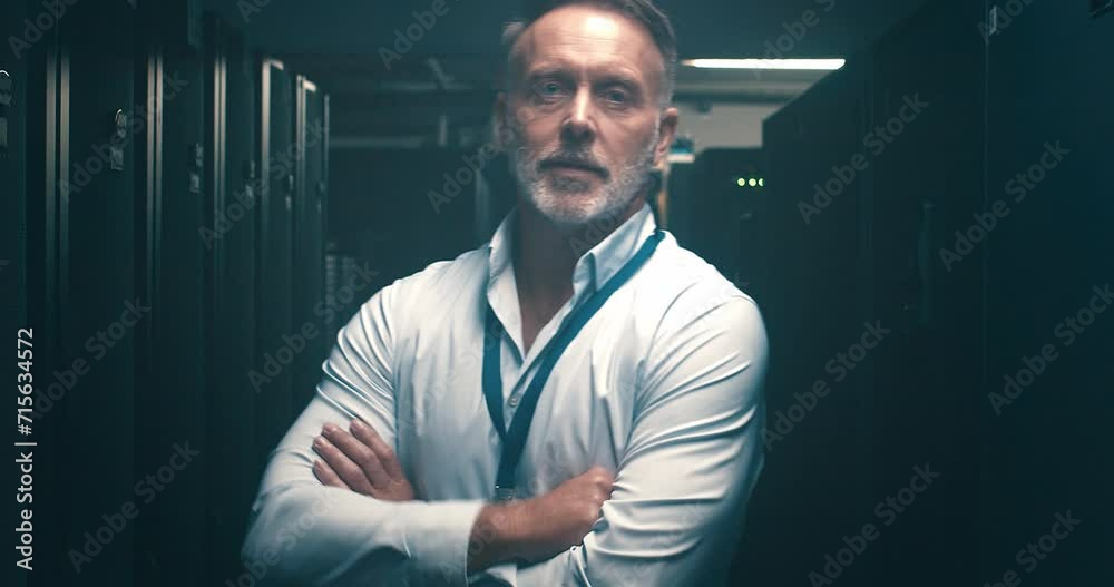 Poster business man, server room and arms crossed for information technology, cybersecurity or gdpr managem