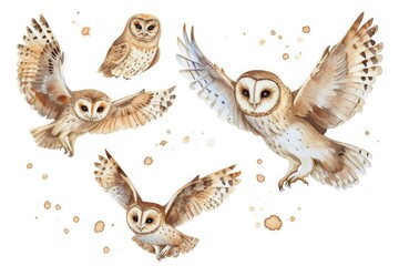 Obraz premium watercolor of cute owls flying, white background