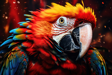 Vibrant Exotic Parrot Portrait with Beautiful Feather Colours and Bright Red Beak on Green Tropical Background