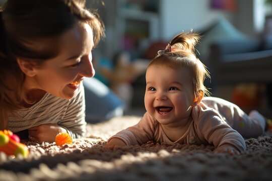 Side View Of Mother Playing With Laughing Baby Girl Lying On Her Knees Spending Time At Home.