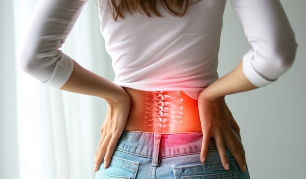 Woman touching painful back suffering from spine pain due to osteoposis, degeneration, cancer or disc disease. Healthcare and health insurance concept.