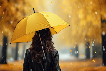 Young Woman Holding Yellow Umbrella Back view on Spring Autumn Nature Background: Rainy Day, Businesswoman, Earth Day, Women's Day - obrazy, fototapety, plakaty