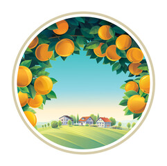 Illustration of a rural scenery, with orange tree branches in the foreground, and a villages in the background. Vector illustration.