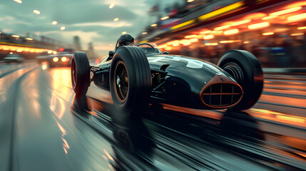 A classic racecar in action, artist's impression. Suitable for sports events, automotive promotions, and vintage-themed designs.