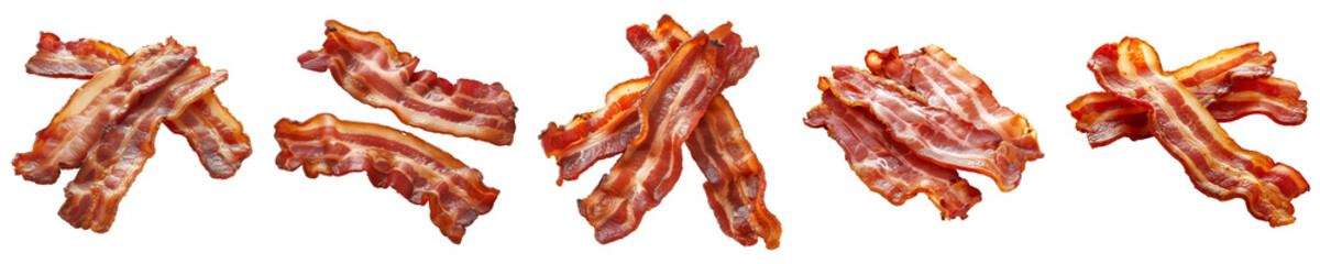 Obraz premium Five strips of crispy fried bacon isolated on transparent background, suitable for breakfast or culinary concepts