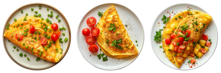 Assorted gourmet omelets with fresh herbs, cherry tomatoes, and cheese on transparent plates isolated on transparent background, healthy breakfast concept