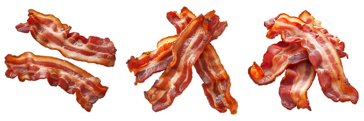 Five crispy bacon strips isolated on transparent background, high-quality ingredient for breakfast or culinary recipes concept