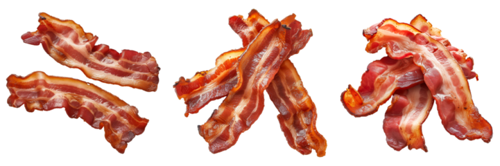 Five crispy bacon strips isolated on transparent background, high-quality ingredient for breakfast or culinary recipes concept