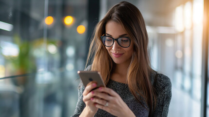 Young professional woman checking social media on her smartphone in an office environment, Corporate background with a personal touch