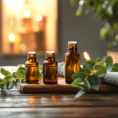 Elegant presentation of eucalyptus essential oil and leaf extracts with spa accessories. Organic essence. Perfect for a luxurious and natural spa concept