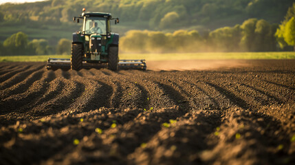 Tractor plowing a field, beginning of the agricultural process. Hard work and importance of farming