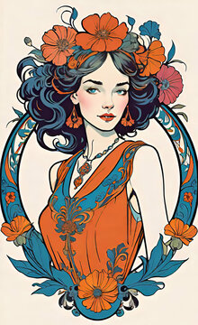 Vector illustration, art nouveau style with floral pattern in retro vintage style with decorative ornaments, illustration with a beautiful girl (different nationalities) in art nouveau style, 