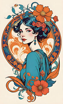 Vector illustration, art nouveau style with floral pattern in retro vintage style with decorative ornaments, illustration with a beautiful girl (different nationalities) in art nouveau style, 