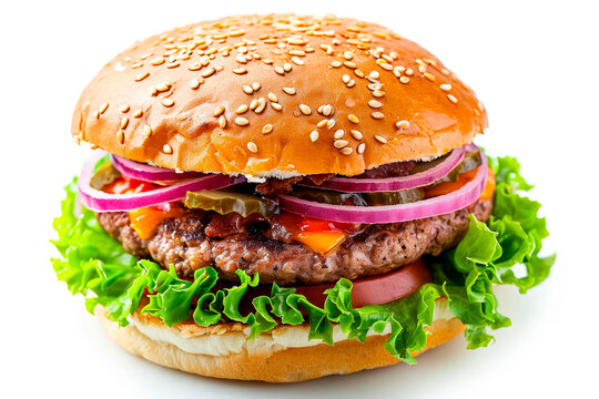classic burger with beef cutlet, vegetables and onions isolated on a white background