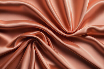 Close-up background with wavy texture of satin fabric color Peach Fuz