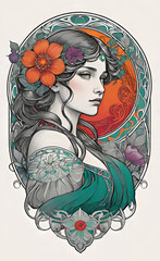 Vector illustration, art nouveau style with floral pattern in retro vintage style with decorative ornaments, illustration with a beautiful girl (different nationalities) in art nouveau style, 