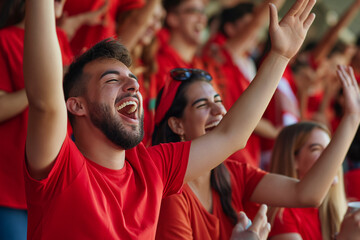 Fans wearing in red shirts watching match from stands stadium in fan zone.