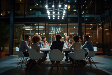 Obraz premium Group of multiethnic people meeting in conference hall at the night time.