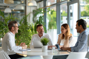 Four business people having a conversation in office, in the style of capture urban. - obrazy, fototapety, plakaty