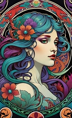 Vector illustration, art nouveau style with floral pattern in retro vintage style with decorative ornaments, illustration with a beautiful girl (different nationalities) in art nouveau style, 