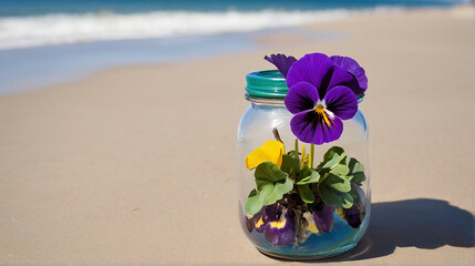 A Captivating Pansy Jar Amidst Beach Serenity AI GENERATED