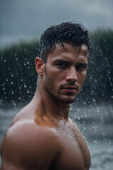 Shirtless Man Standing in the Rain, Powerful Moment Captured in Time. Generative AI.