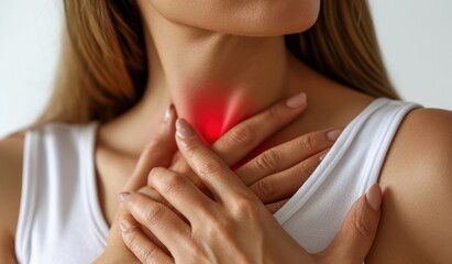 Woman touching throat painful suffering from sore throat causes of acid reflux or heartburn, tumor or cancer disease. Healthcare and health insurance concept.