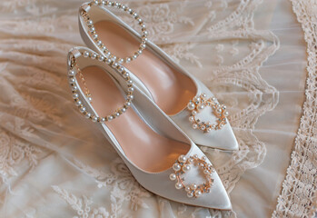 Weddings women white shoes with a heels with a flowers and pearls. Concept of Wedding, accessorize