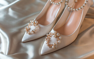 Weddings women white shoes with a heels with a flowers and pearls. Concept of Wedding, accessorize