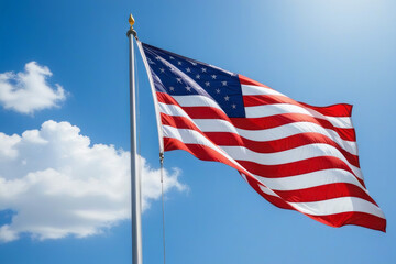 Fototapeta premium American flag develops against a blue sky. A symbol of country and freedom.
