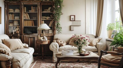 Cozy Vintage Living Room - Rustic Charm with Antique Furniture and Soft Floral Accents