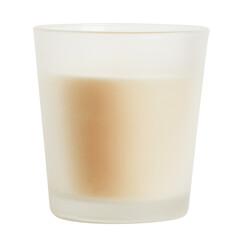 A white, light candle in a frosted glass glass with the scent of vanilla, cotton or freshness and comfort. On a blank background