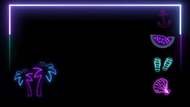 Glowing summer and vacation creative frame template. Hello summer neon elements empty banner. watermelon palm tree flip flops sea anchor and shell illuminated design elements. Title bar or card design