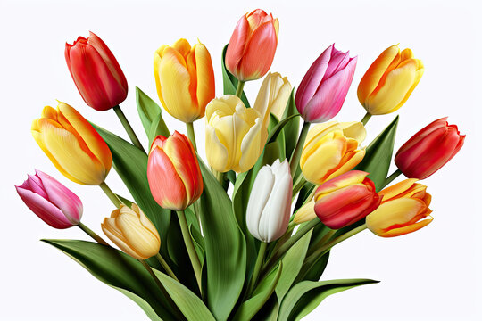 Colorful Tulips Flowers Bunch Bouquet Isolated on Transparent Background for Mother's Day, Wedding, Anniversary, Women's Day, Valentine's Day
