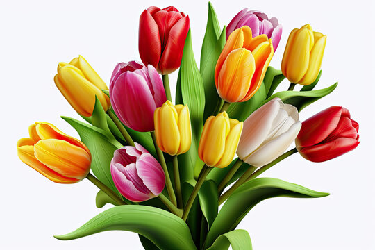 Colorful Tulips Flowers Bunch Bouquet Isolated on Transparent Background for Mother's Day, Wedding, Anniversary, Women's Day, Valentine's Day