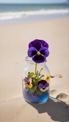 A Captivating Pansy Jar Amidst Beach Serenity AI GENERATED