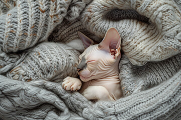Cute sphynx cat is sleeping wrapped in grey knitted blanket, top view, closeup, space for text, Generative AI	