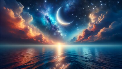 A beautiful view of the Sun, Moon and Stars in Harmony Over the Calm Reflection of the Waters - obrazy, fototapety, plakaty