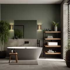 Modern bathroom interior with bathtub, Generative AI