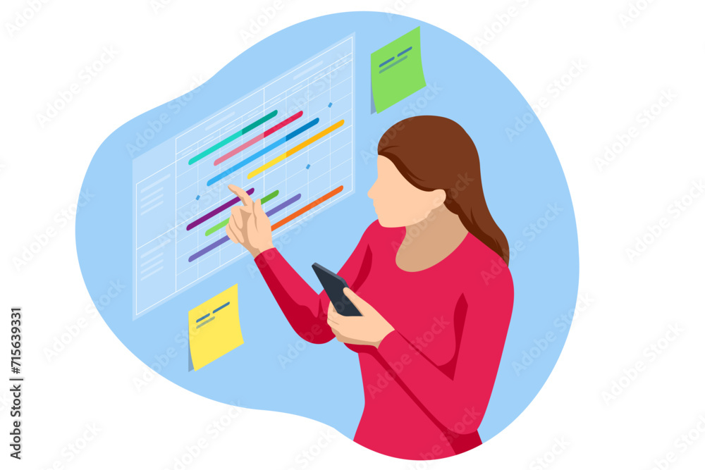 Poster isometric project manager updating tasks and milestones progress planning. digital calendar schedule