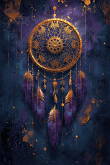 Obraz na płótnie Canvas A gold and purple dream catcher on a blue background