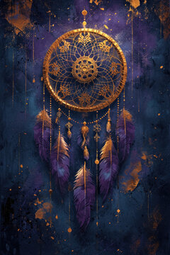 A gold and purple dream catcher on a blue background