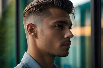 Close-up of Person Wearing Shirt and Earrings for Fashion Inspiration or Portraits.. Generative AI.