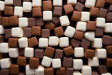 A close-up shot of chocolate-coated marshmallows arranged in a random pattern, forming a delightful and abstract arrangement.
