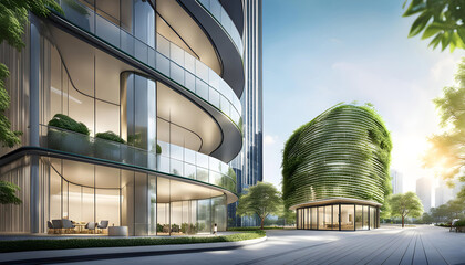 Ecological building in a modern city, 3D-rendering, a stable glass office building to reduce carbon dioxide, an office building with a green environment, - obrazy, fototapety, plakaty