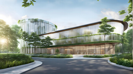 Obraz premium Ecological building in a modern city, 3D-rendering, a stable glass office building to reduce carbon dioxide, an office building with a green environment,