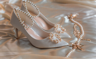 Weddings women white shoes with a heels with a flowers and pearls. Concept of Wedding, accessorize