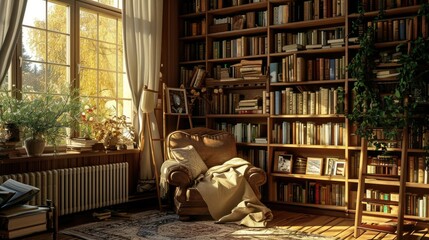 Cozy Reading Nook- Relaxation and Escape with Comfy Armchair and Shelves of Books