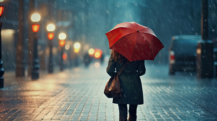Women's Day, Young Woman Holding Red Umbrella, Walking on Street on Rainy Day, City Landscape with Blur Background, Raincoat
