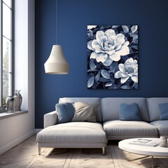 Nice navy blue white flower canvas art image 